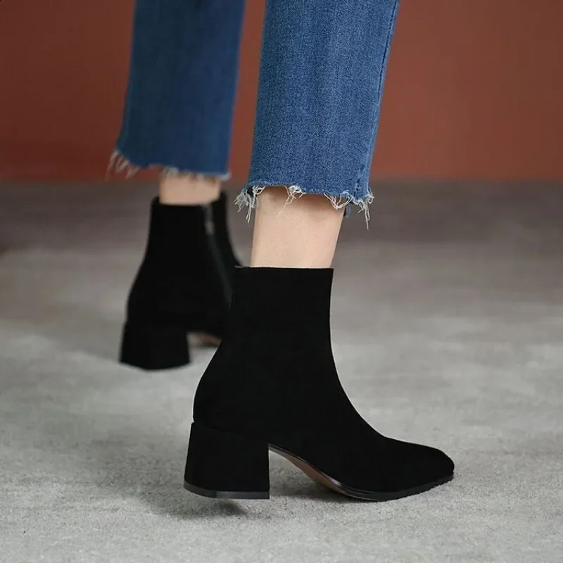 Genuine Leather Boots Retro High Heels Ankle Boots Women Shoes Back Zipper Sheep Suede Handmade Shoes Boots Women 241231