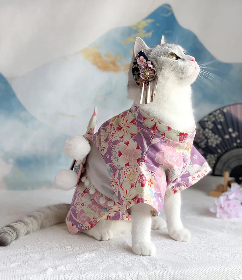 Japanese Style Thin Cat Dog Coat Kimono Summer Pet Clothes for Cats Dogs Cute Print with Bow-knot Kitten Sphynx Clothing Outfit 241231