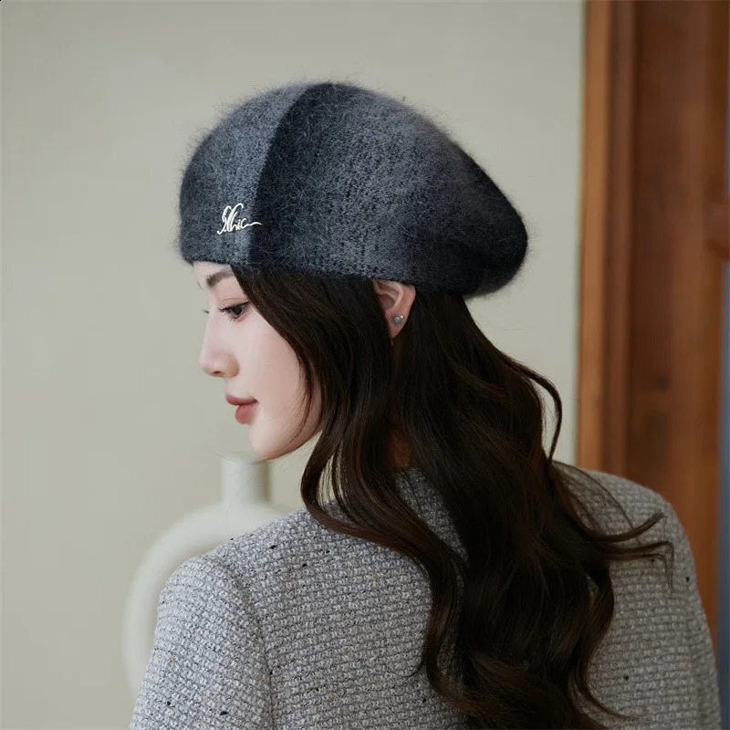 Rabbit hair knitted Thick Berets Autumn Winter Warm Hat Artist Beret Women Painter Hat Girls Female Walking Cap Vintage Casual 241226