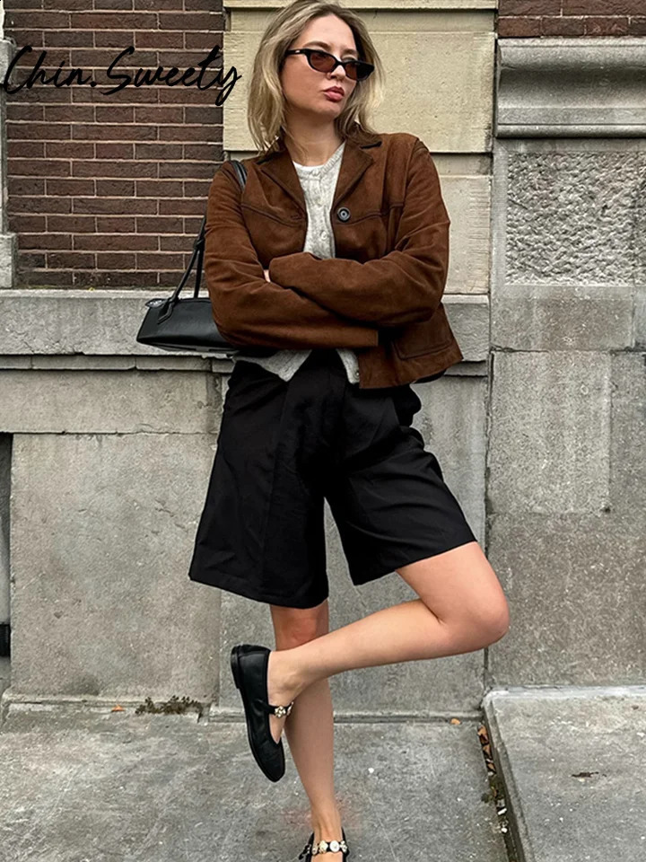 Brown Suede Short Women Jacket Casual Long Sleeve Single Button Turndown Collar Female Coat 2024 Autumn Retro Lady Streetwear 241230