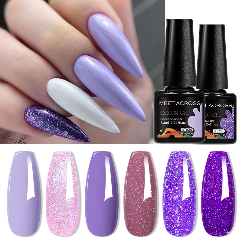 MEET ACROSS 12pcs 7.3ml Gel Nail Polish Set Purple Pink Glitter Semi Permanent Soak Off UV LED Gel Polish Kit Nail Art Varnishes 241230