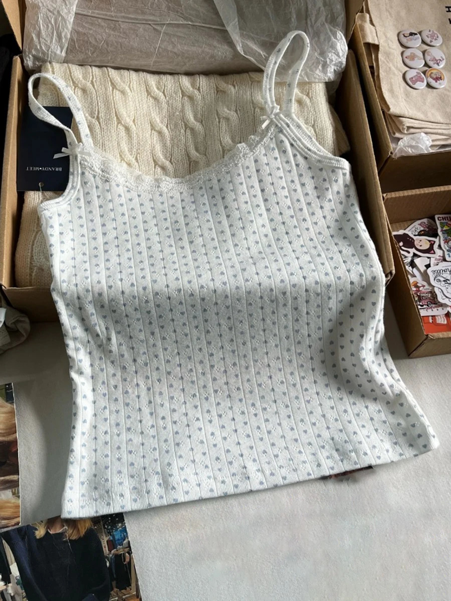 Blue Heart Eyelet Vest Pants Sets Summer Bow Slim CamisHigh Waist Straight Trousers Women Cotton Sweet Home Pajama 2 Piece Sets 241230