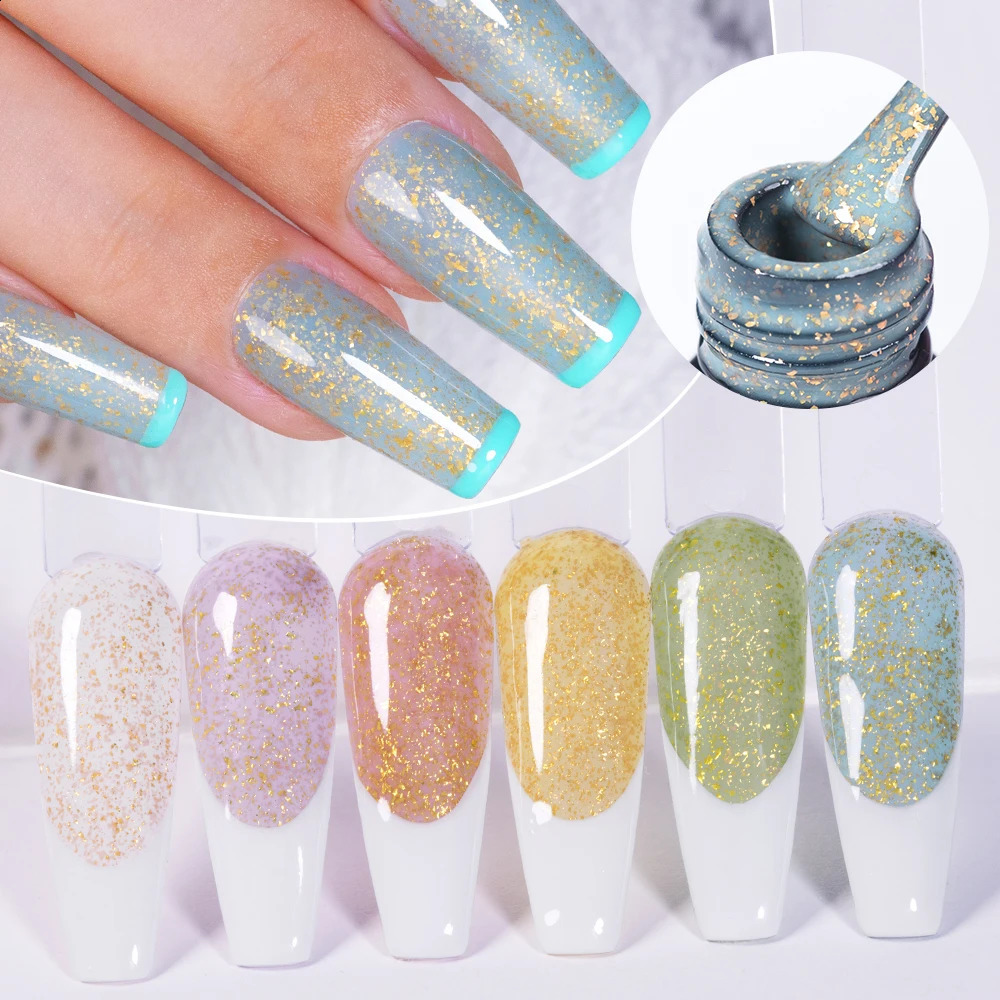 AWStorG 6Pcs/Set 7.5ML Gold Flake Glitter Rubber Base Gel Nail Polish Long Lasting Quick Extension Gel Nail Art UV Glue Builder 241230