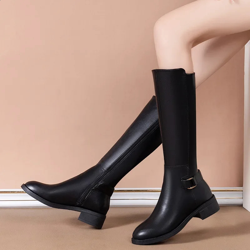 Winter Non-slip Leather Long Boots Zipper Thick High Heels Boot Knee High Botas Low Heels Black Shoes Shoes for Women 241231