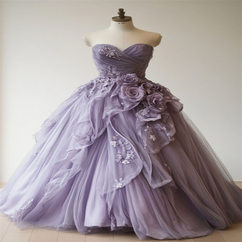 Lilac Rococo Prom Dresses With 3D Florals Victorian Puffy 1890s Medieval Renaissance Bustle Evening Gown Masquerade French Duchess 18th Century Formal