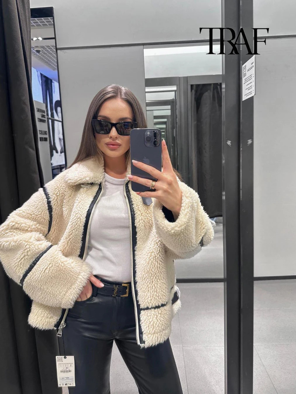 TRAF Womens Fashion Autumn and Winter High Street Lamb Wool Coat Casual Plush Warm Flip Lapel Zipper Clash Color 241230