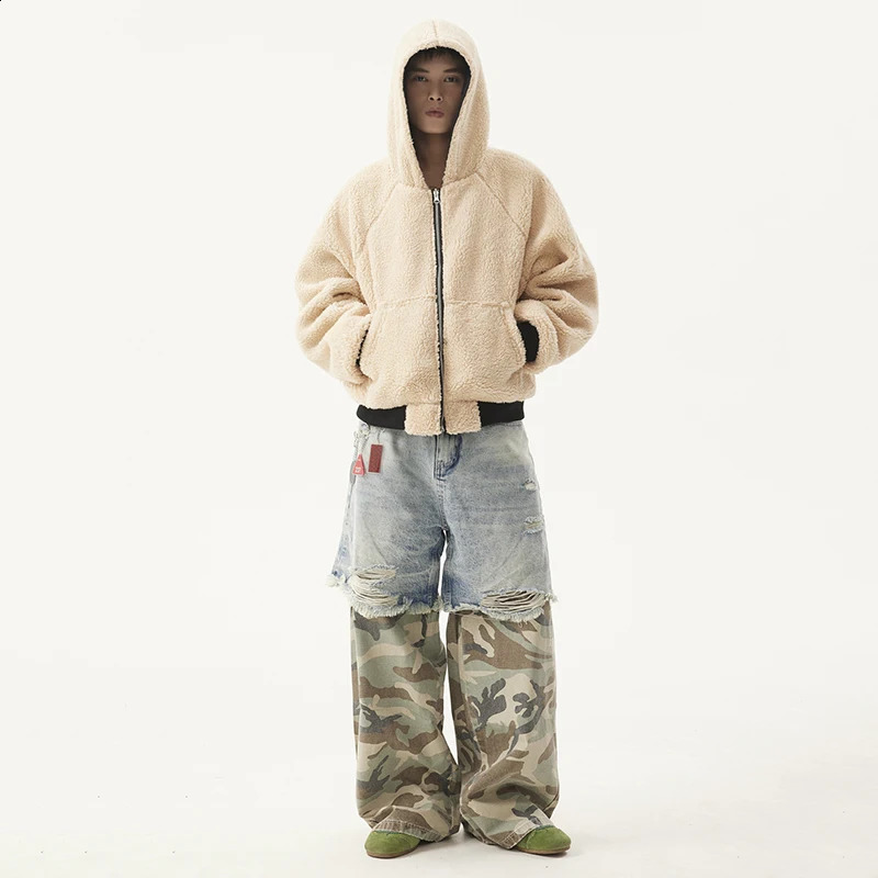 PFNW Niche Mens Jeans Washed Distressed Colorblock Splic Two Piece Loose Straight Trousers Wide Leg Pants 28W5474 241224