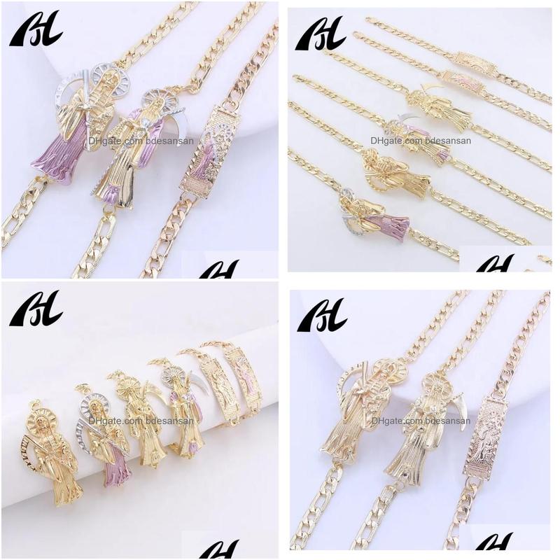 Chains Men Pulseras Oro Laminado 14K 18K 23cm Gold Plated Religious Jewelry Holy Death Santa Muerte Bracelet Charms Wholesale Drop Delive Dhrqk