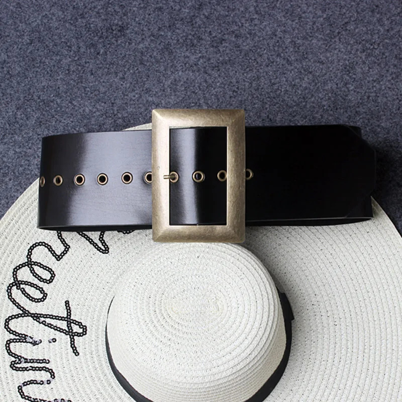 HIgh Quality Genuine Leather Female Wide Belt Punk Fashion Big Square Buckle Black Waist Dress Decorative Belt cinturon mujer 241226
