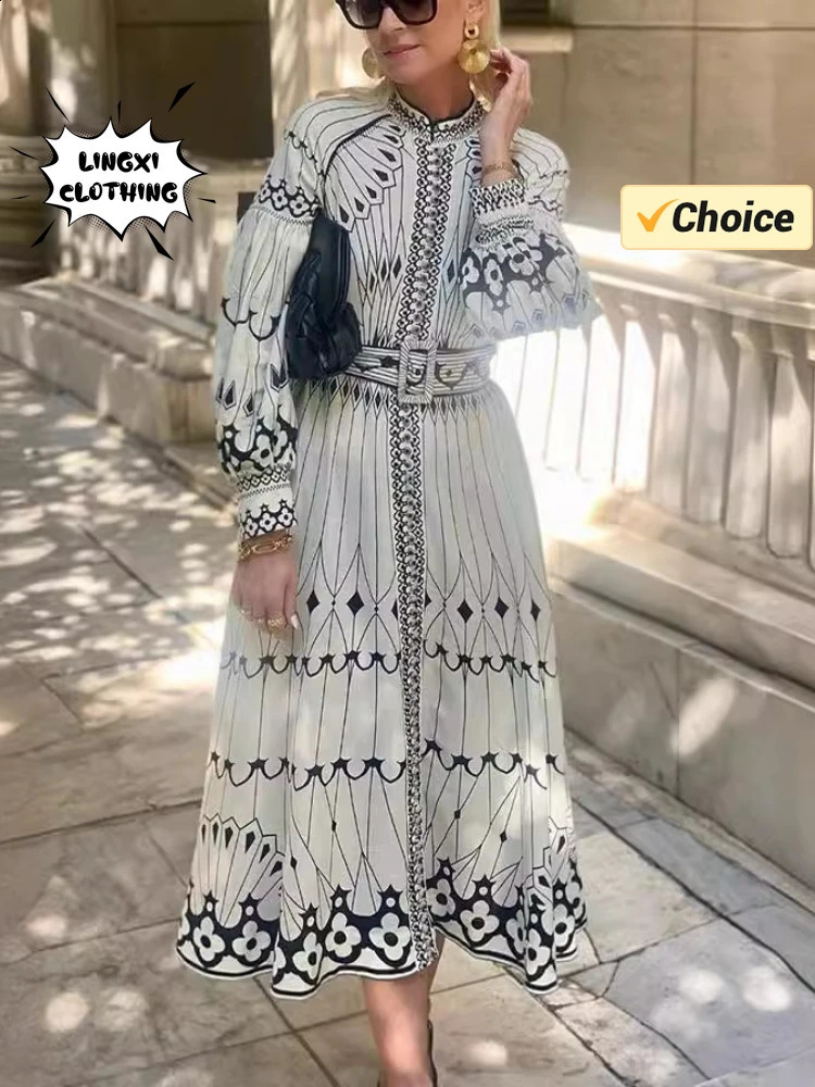 Summer Fashion Womens Bohemian Style Elegant Dress with Retro Printed Banquet Style Long Line Womens Dress 241230