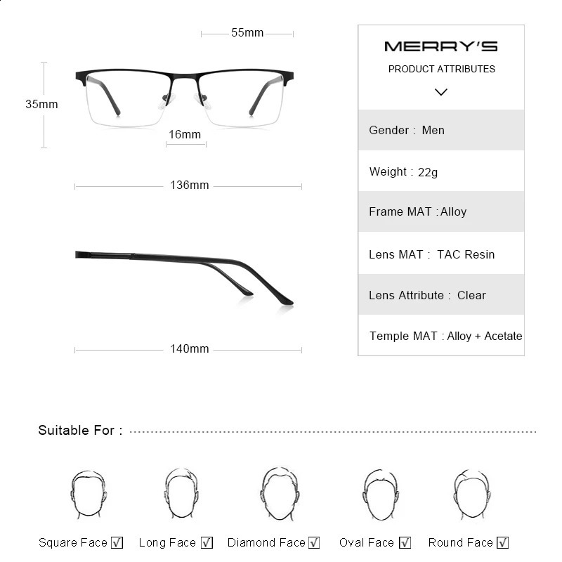 MERRYS Men Alloy Glasses Frame Male Square Half Optical Ultralight Business Style Myopia Prescription Eyeglasses S2051 241230