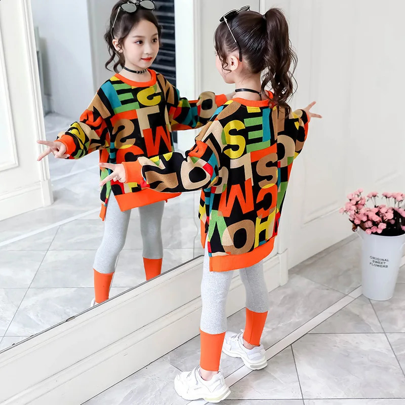 2024 girls clothes autumn winter letter sweatshirt t-shirt hooded stretch pants leggings cotton teens child 8 9 10 11 12 year 241226