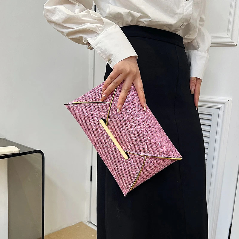 Women Envelope Evening Bag Solid Color Shiny Clutch Glitter Party Bag Sequins Evening Purse Female Outdoor Wallet 250528