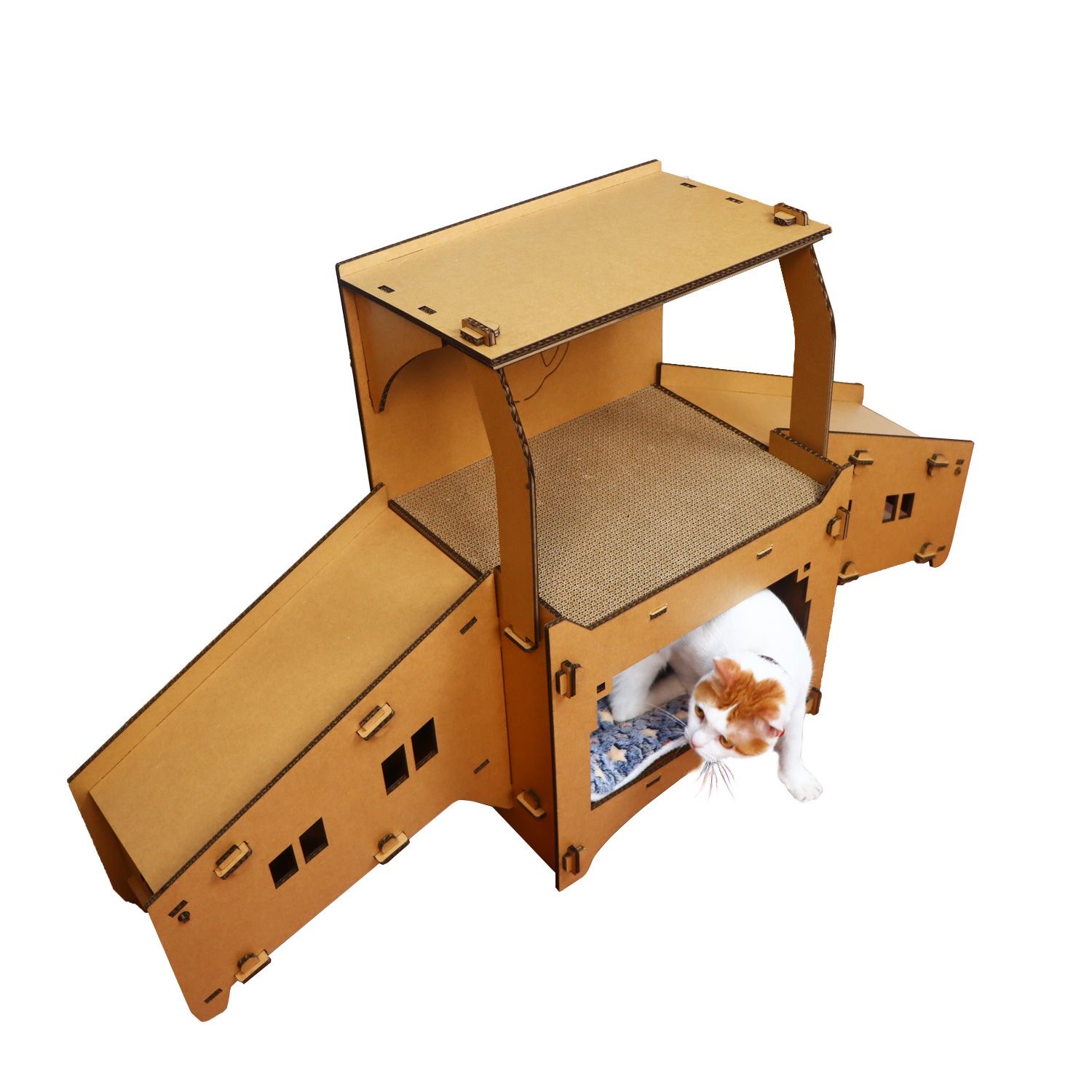 Cardboard Cat House Castle Playground, Multi-Level Cat Hideout Scratcher with Detachable Hanging and Spring Toys