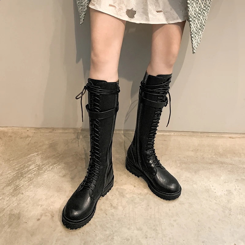 SKLFGXZY Winter Fur European Leather Women Boots Motorcycle Knee -High Boots Lace-up The Girls Long Womens Shoes 241231
