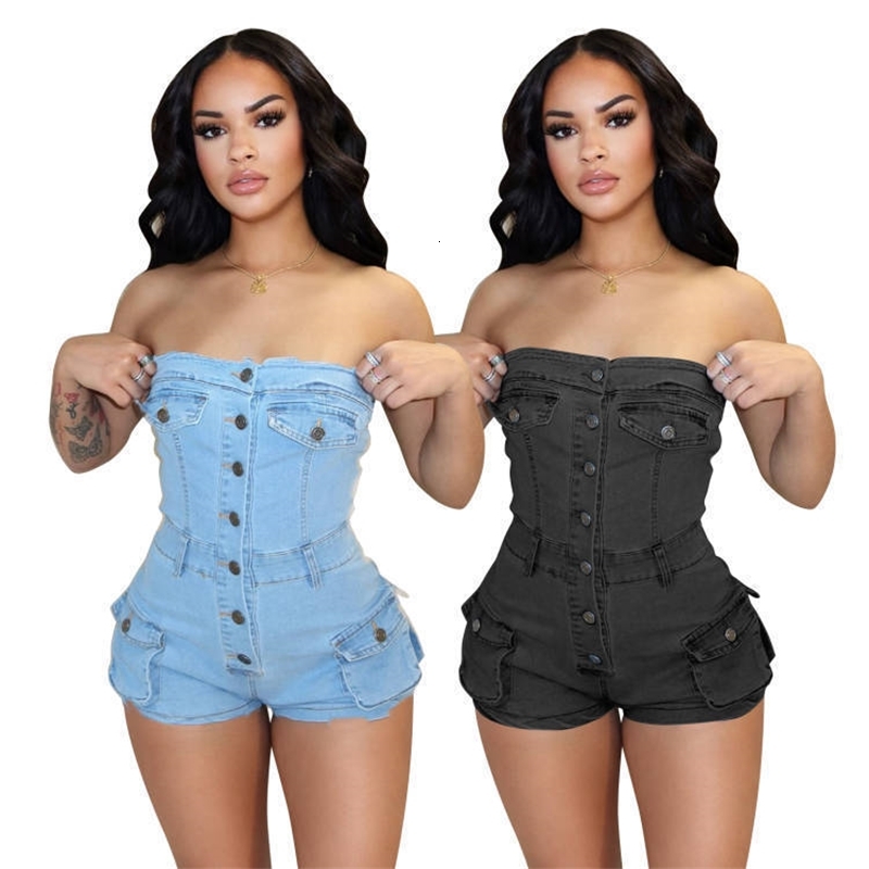 Women Jumpsuits Designer 2025 New Summer Denim Rompers Strapless Elastic Jumpsuit Shorts 2 Colours