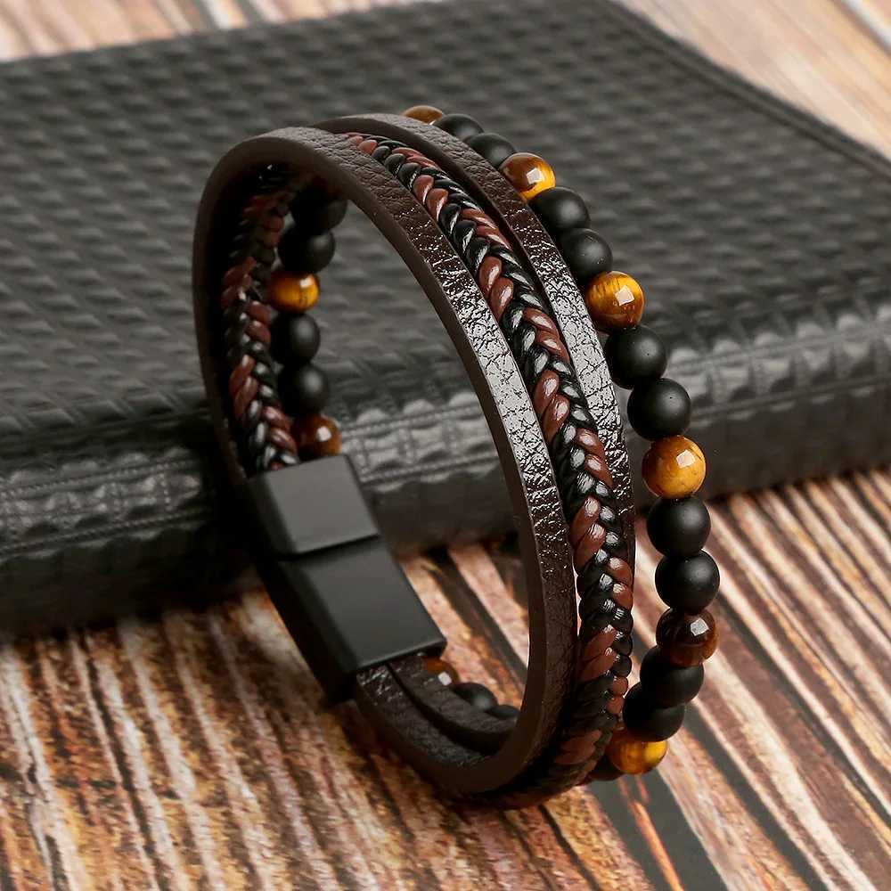 High quality leather bracelets for men classic and fashionable tiger eye beads multi-layer leather bracelets for men charming jewelry gifts W241231