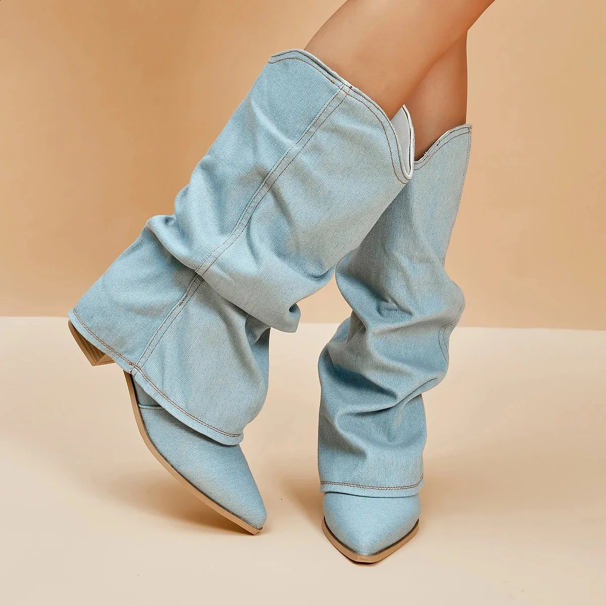 Pleated Knee High Boots for Women Pointed Toe Square Heels Cowboy Boots Woman Autumn Winter Denim Long Booties De Mujer 241231