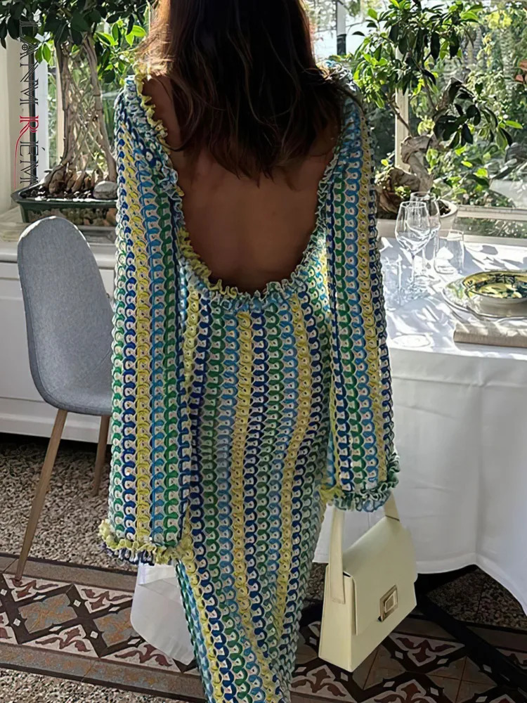 LANMREM Fashion Backless Womens Dress Lace Contrast Color Long Sleeves Slim Dresses 2024 Summer Clothing 32C825 241231