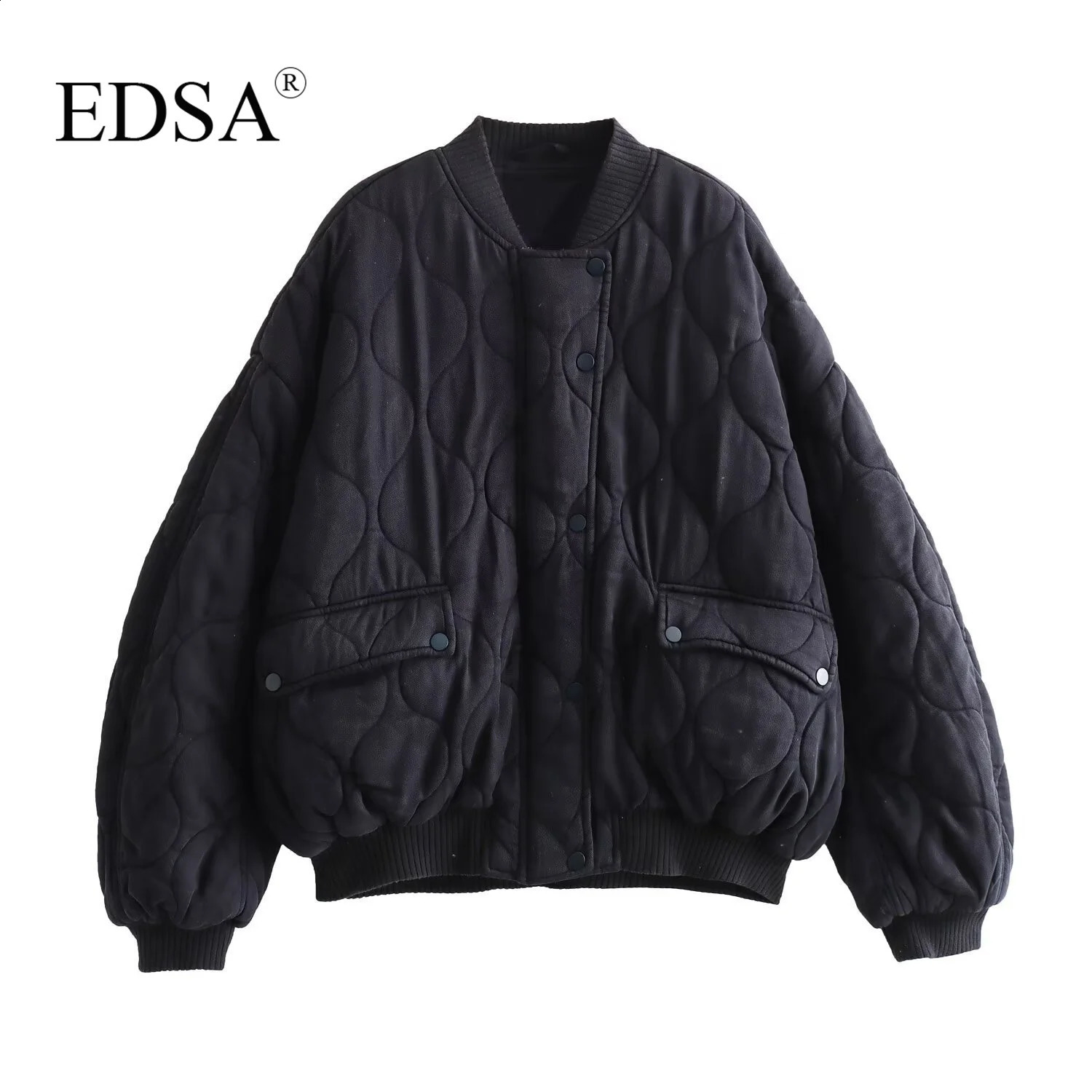 EDSA Women Oversized Quilted Bomber Jackets Thick Warm Coat Long Sleeve Snap-Button Female Outerwear Chic Tops 241230