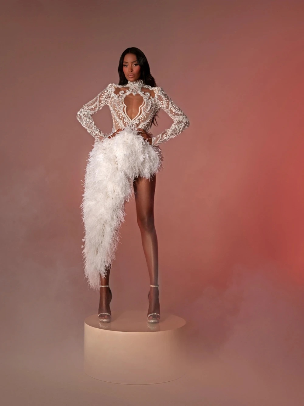 Sequin Evening Mini | High Collar, Long Sleeves, Appliques, Short Party Dress