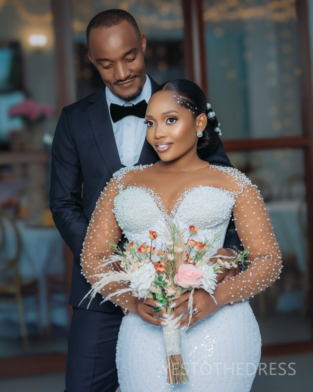 2025 Two Ways Wedding Dresses Bridal Gowns For Bride Mermaid Marriage Dress Sheer Neck Long Sleeves Beaded Lace Detachable Train For Black Women D463