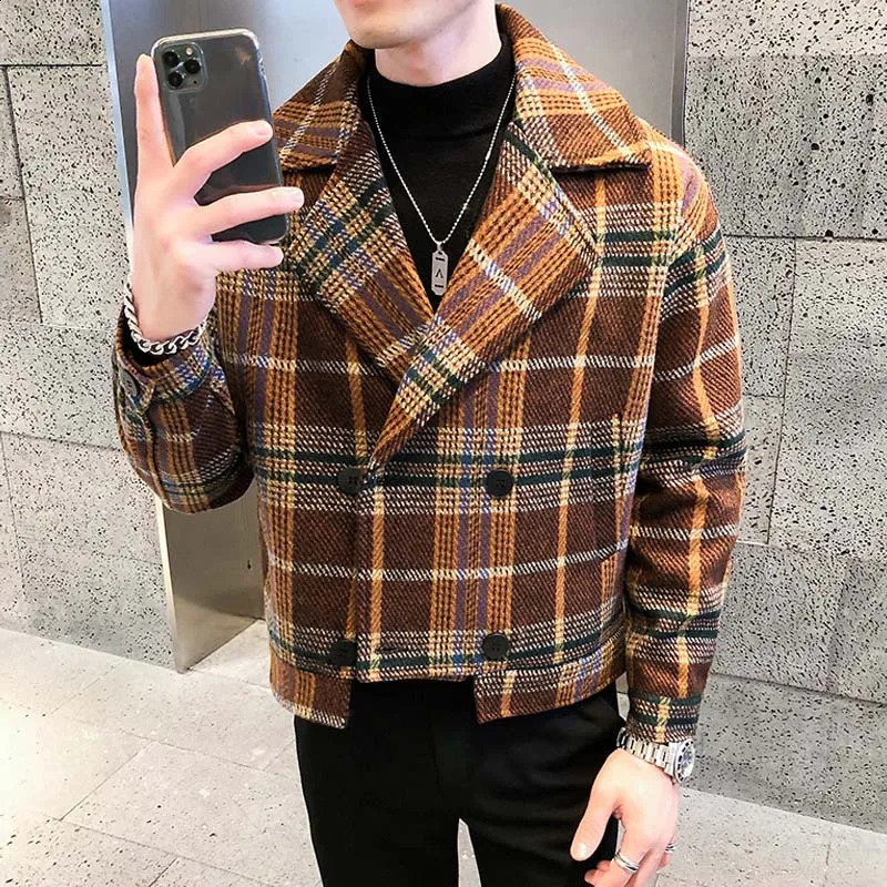 Wool Blend Trench Jackets Autumn Winter Short Loose Jacket Korean Fashion Plaid Mens DoubleBreasted Tweed Coat 241224Z