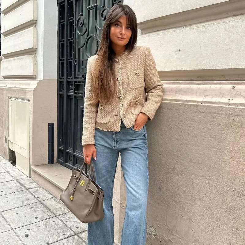 TRAF Jackets Outerwears Cropped Tweed Jacket Women Autumn Long Sleeve Solid Coats Texture Winter Coat Female Elegant Short Coats 241230