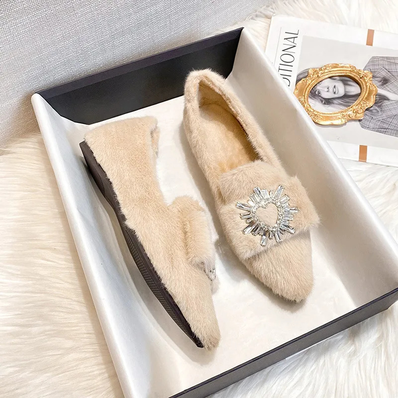 Shoes Woman Plush Fur Winter Cotton Wool Ballets Pointy Toe Boat Loafers Ladies Fluffuy Mink Furry Flats 241225