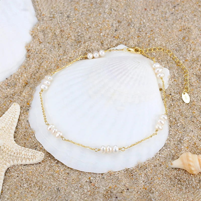 Metiseko 925 Sterling Silver Natural Freshwater Pearls Anklets Baroque Irregular Double Layers Foot Bracelet for Women Beach 241226