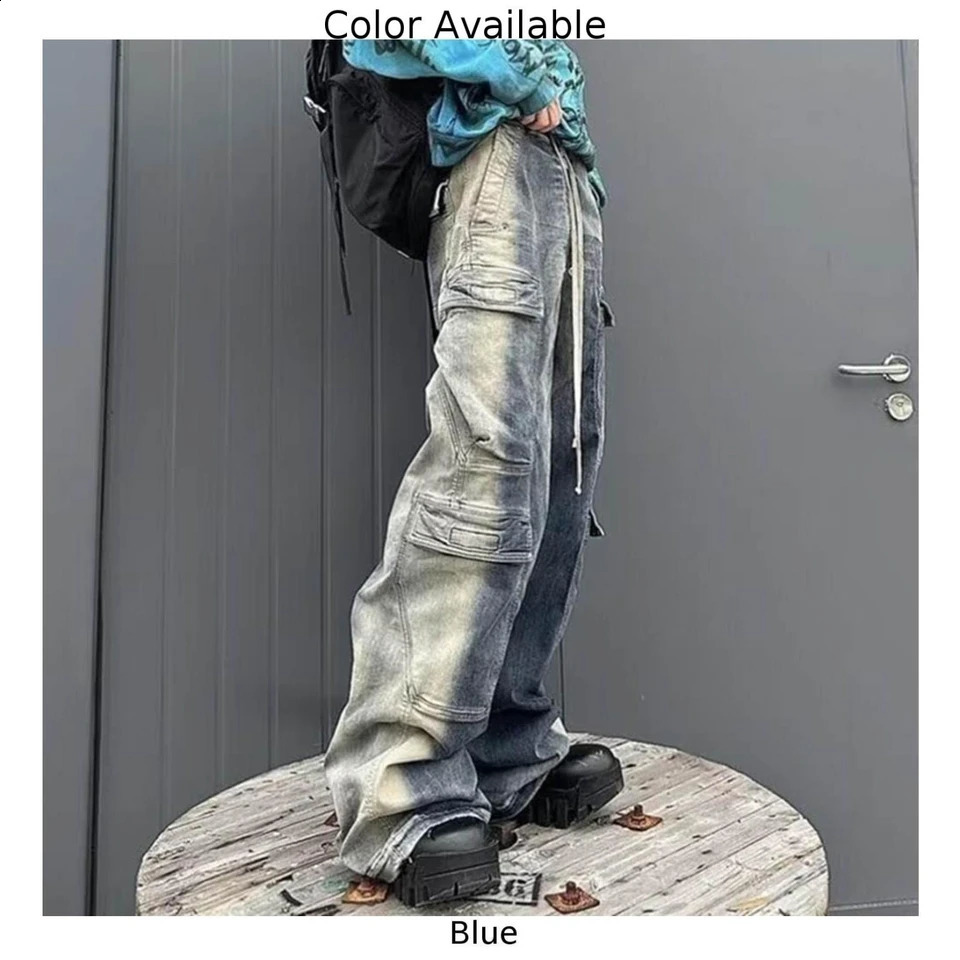 Men Pants Gradient Jeans Multi-pockets Drawstring Oversized Polyester Ribbons Streetwear Y2K Baggy Comfortable 241230