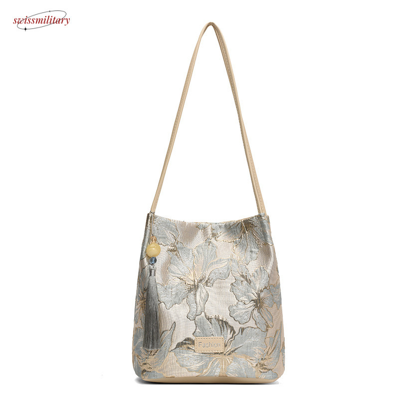 New Chinese style handbag, silk satin, high-end and versatile bucket bag, 2025 new summer women's single shoulder crossbody underarm bag swissmil