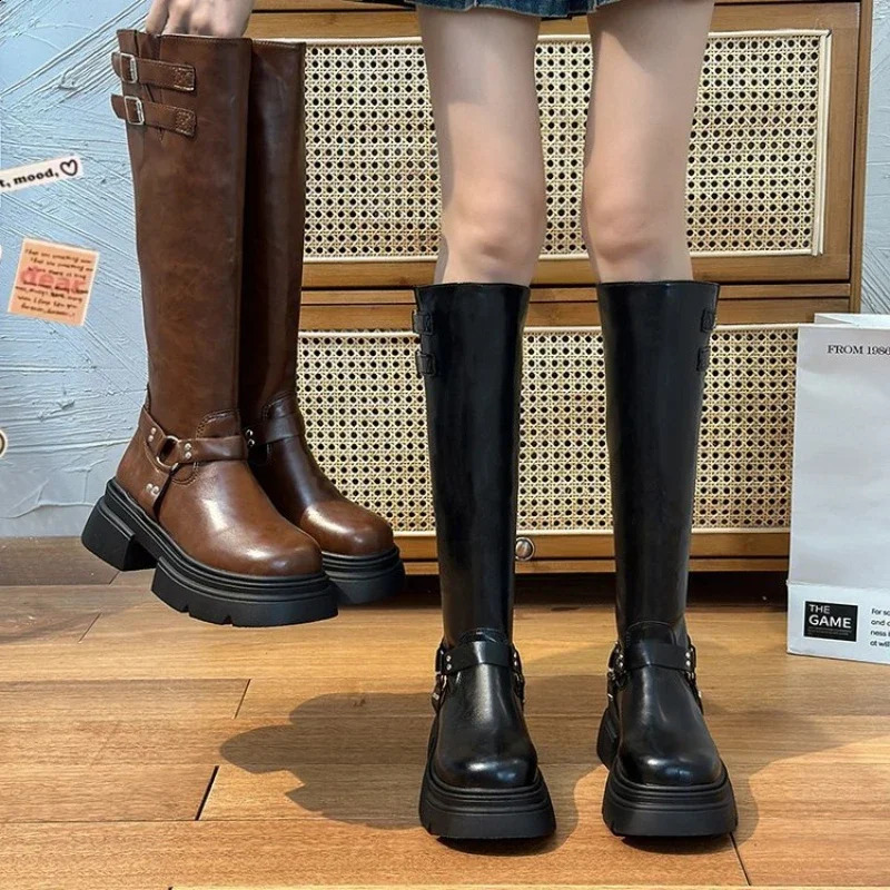 Denim Boots for Women Motorcycle Boots Retro Brown Belt Buckle Round Head High Women Boots Ladies Platform Boot Shoes for Women 241231