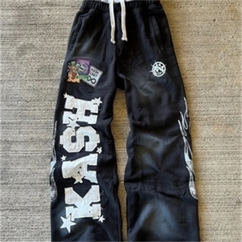 American Sweatpants Y2K Pants Men Gothic Hip Hop Letter Patch Retro Double Layer n Baggy Elastic Waist Casual 241228