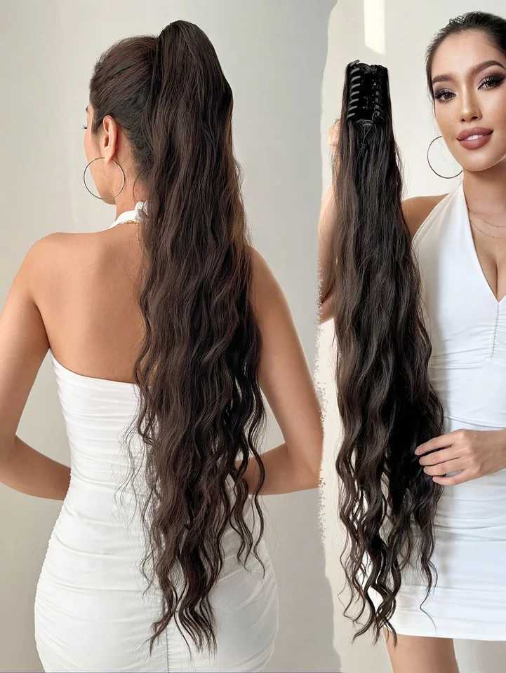 Ponytail long natural wavy 32 inch heat-resistant fiber synthetic hair suitable for daily use at womens parties W241230