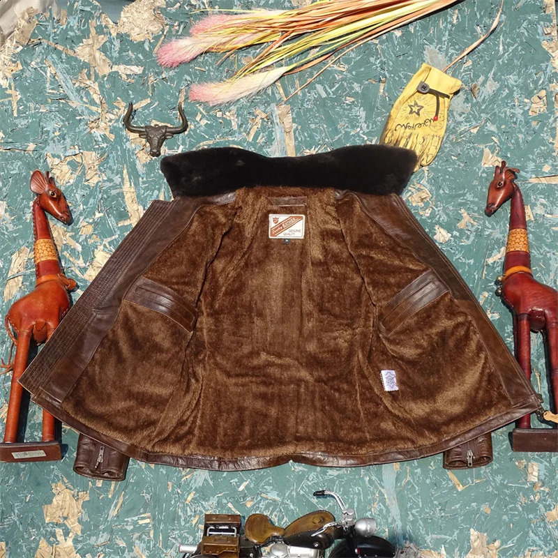 CC Shop .Retro Brown navy thick winter warm leather outwear.Men vintage tanned cowhide jacket.plus size thick leather coat 241230