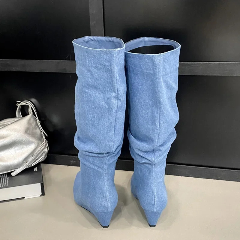 Eilyken Winter DENIM Pleated Pointed Toe Women Knee-High Boots Fashion Wedges High Heels Female Shoes 241231