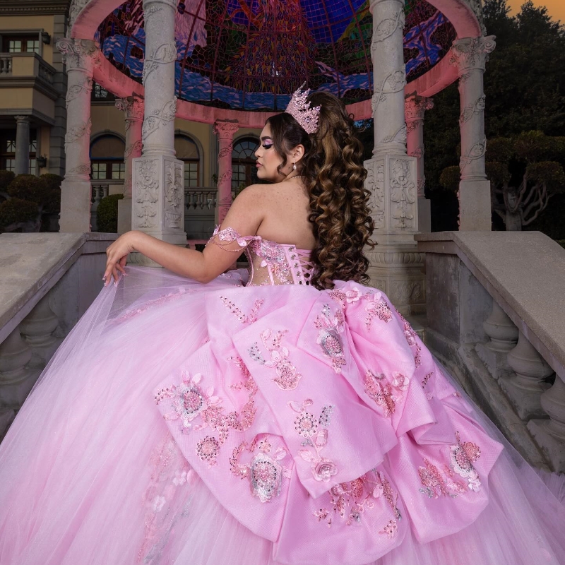 Pink Quinceanera Dresses Ball Gown Off The Shoulder Applique Lace Beads Bow Tull Tiered Party Birthday Sweet 16 Vestido De 15 Anos