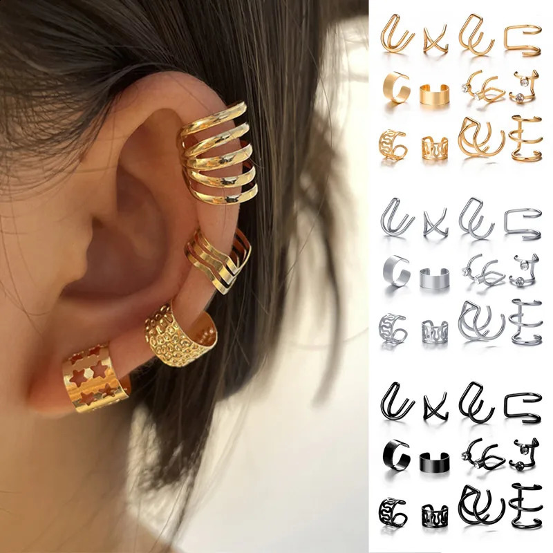 KOTiK 2024 Gold Silver Color Leaves Clip Earrings for Women Fashion Ear Cuff NonPiercing Set Trend Jewelry Gift 241225