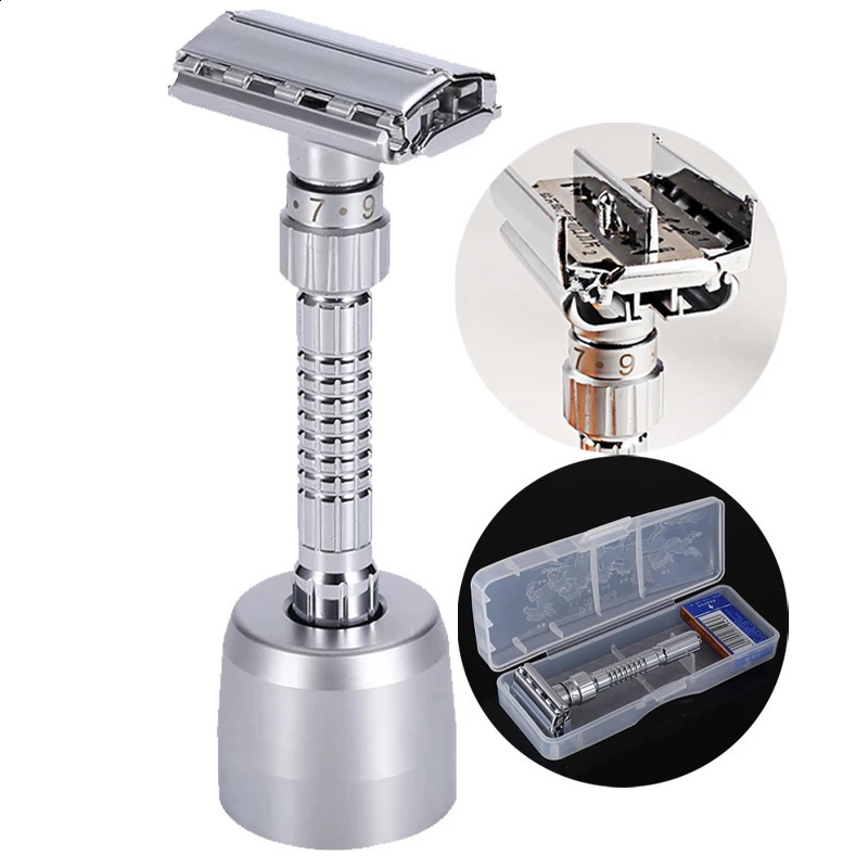 Double Edge Safety Razor Adjustable Classic Mens Shaving Mild to Aggressive Hair Removal Manual Shaver it with 5 Blades 241230