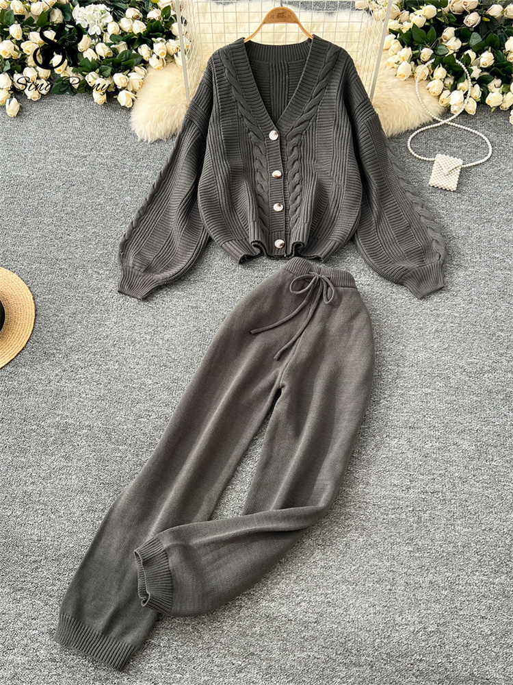 Winter Knit Warm Two Pieces Suits Women Loose Twist Drill Cardigan+Drawstring Wide Legs Long Pants Sweater Sets