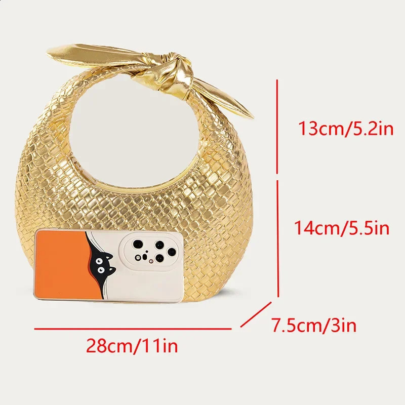 Fashion Gold Woven Pattern Half Moon Bag Bow Womens Dress Evening Clutch Simple Style Female Hobo Bag Bolsa Feminina 241231