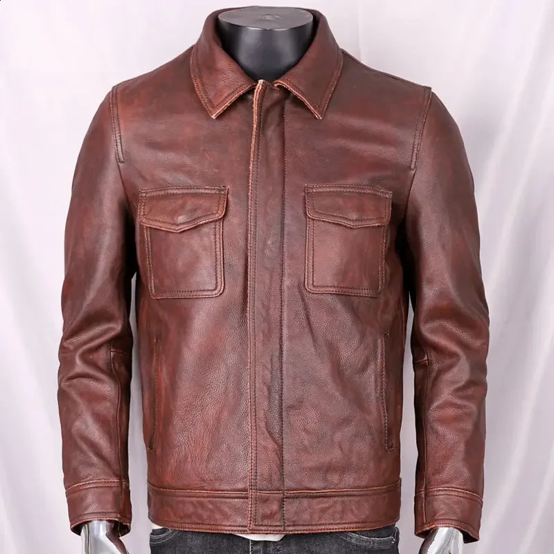 Autumn Winter Classic Motorcycle Jackets Men Turn-down Collar Leather Jacket Mens Natural Cowhide Thick Moto Jacket 241230