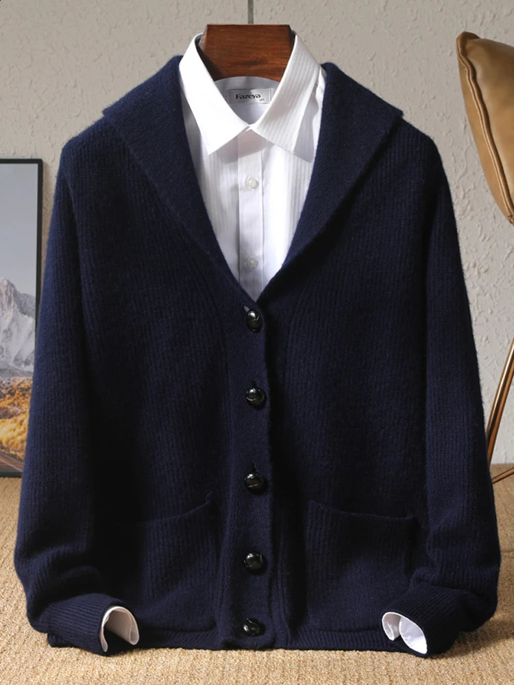 Autumn Winter Cashmere Cardigan Mens V-Neck Thick Knit Coat Fashion Loose Jacquard Sweater Middle-Aged Large Size Jacket Shirt 241230