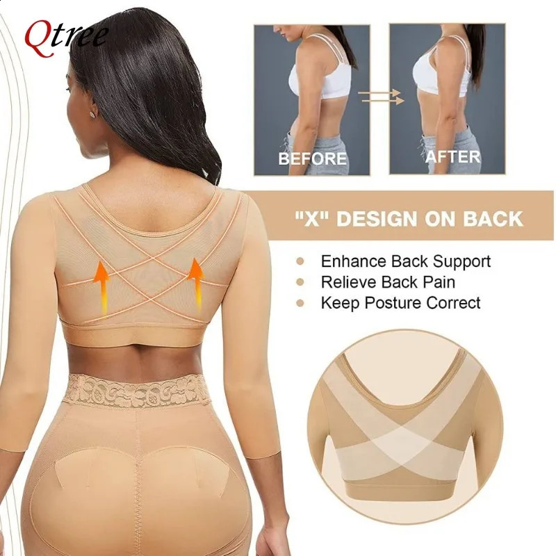 Qtree Arm Slimming Shaper for Women Compression Body Shaper Post Surgery Shapewear Seamless Front Closure Sleeves Push Up Bra 241231