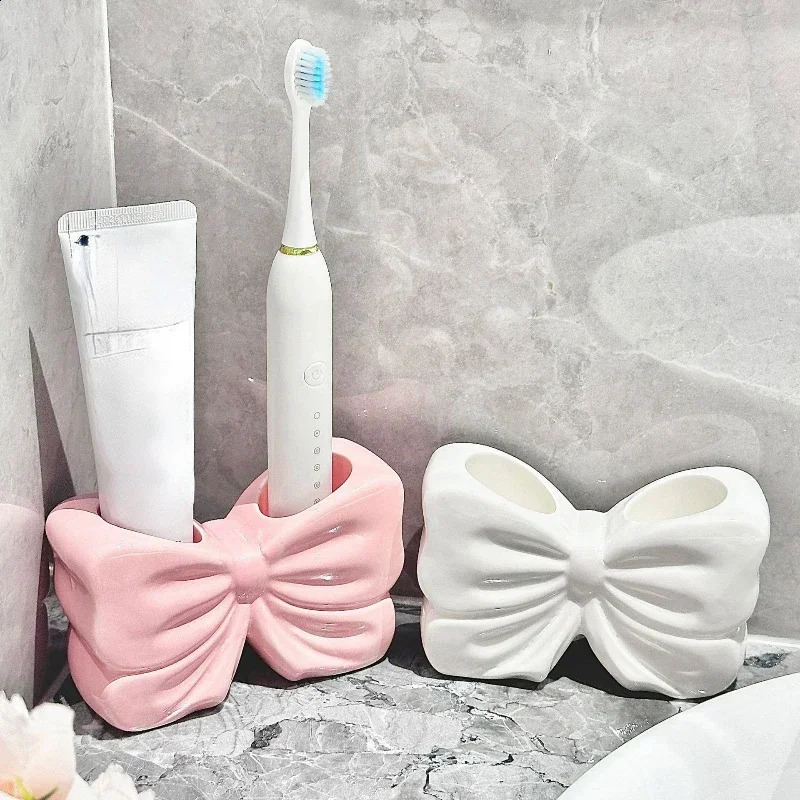 1pc Ceramic Bow Toothbrush Holder Ornament Ceramic Toothbrush Toothpaste Storage Rack Bathroom Accessories Brush Holder 241230