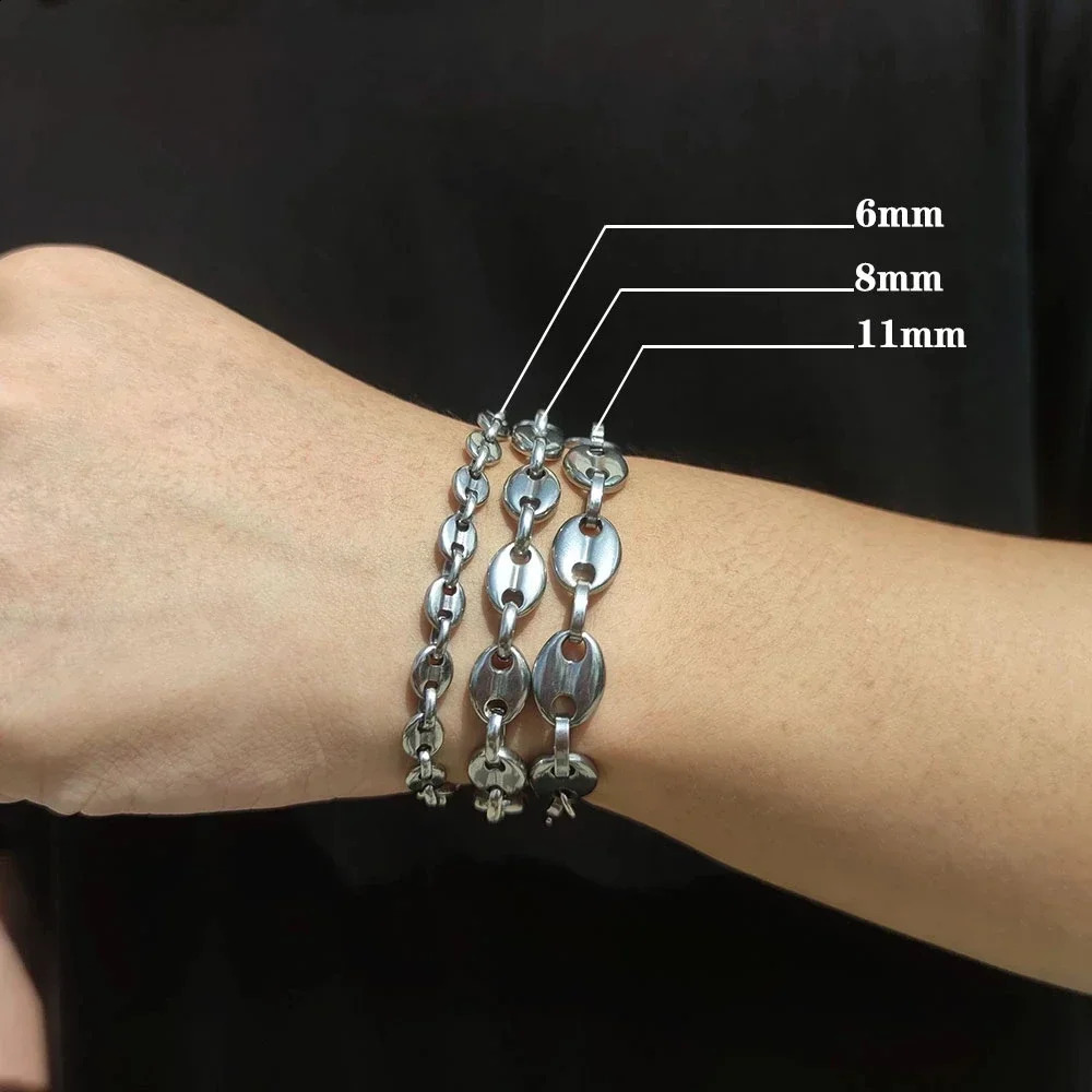 Coffee Beans Pig Nose Chain Bracelet Men Stainless Steel Jewelry Polished Strong Gold Plated Color 241230