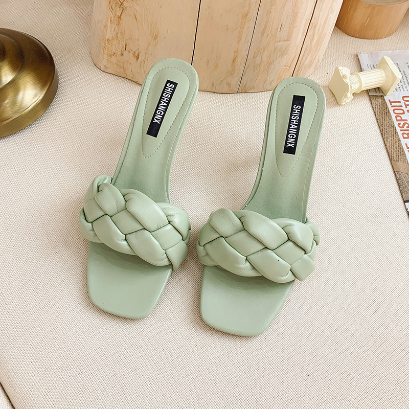Square Ddmywed Summer Head Knitted Edition Outerwear Slippers With One Line Open Toe High Heels And Cool Dragging Women S Shoes Trendy Chinese Brand F