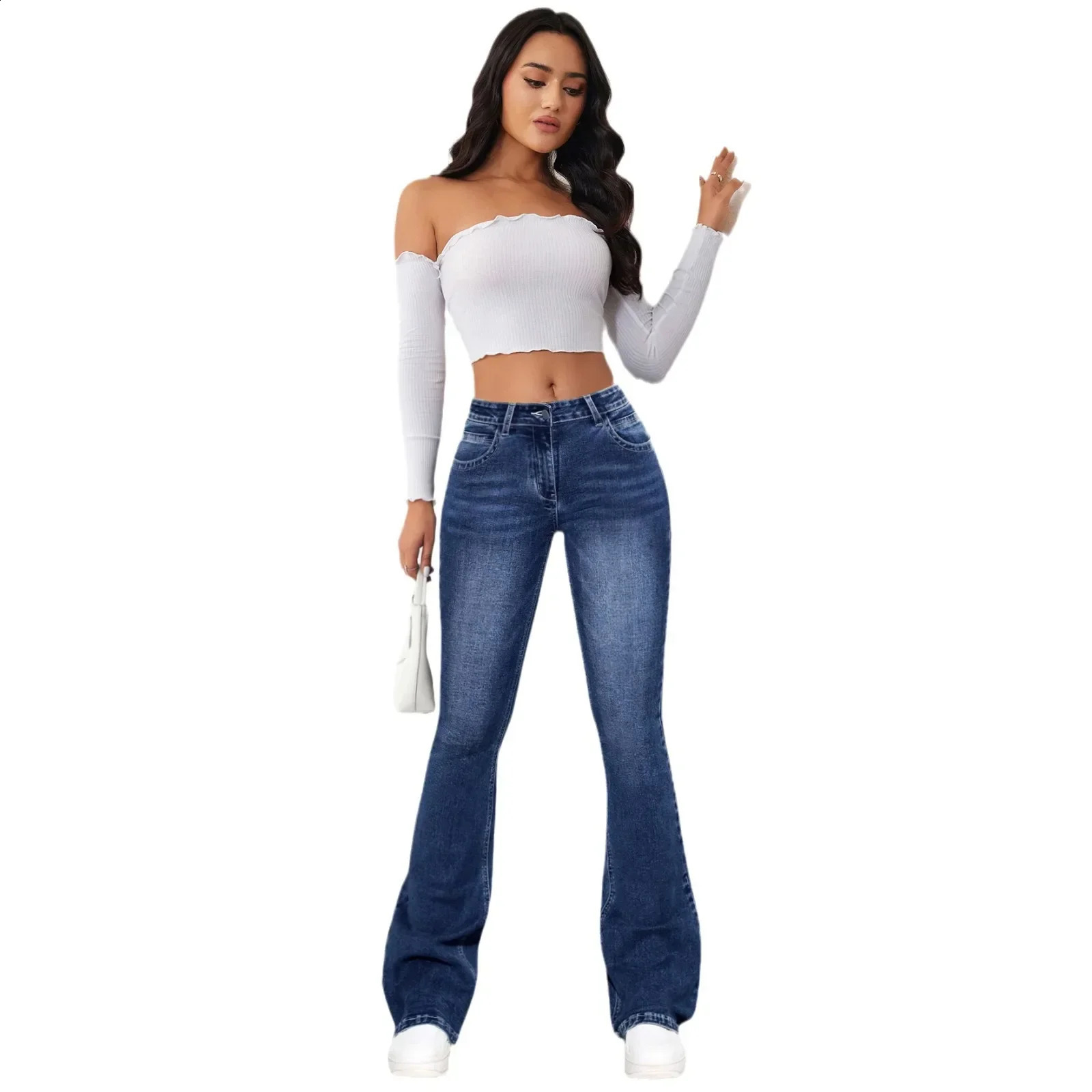Women Jeans Slim Pants Denim Washing Pockets High Waist Solid Ankle Length Boot Cut Streetwear Casual Zipper Fly 241230