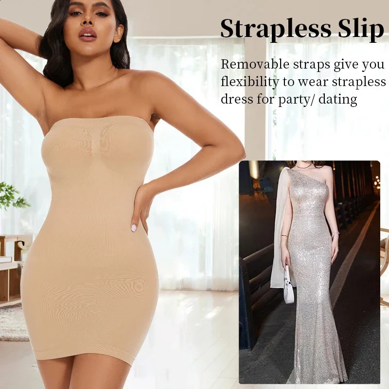 Sexy Full Slip Shapewear Women Dress Off Shoulder Bodycon Strapless Underdress Smooth Compression Body Shaper Slimming Waist 241231